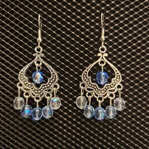 Antique silver and graduated blue glass crystal chandelier earrings